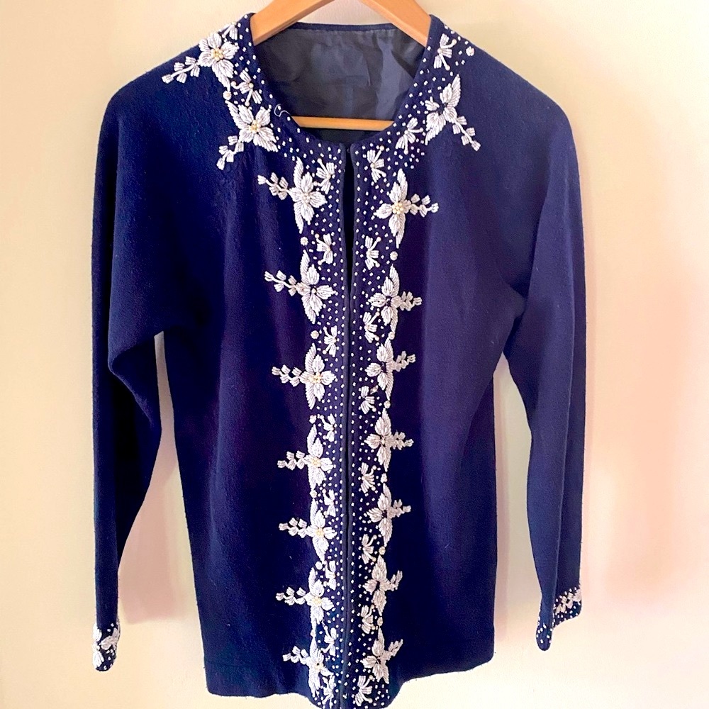 Vintage white beaded blue cardigan